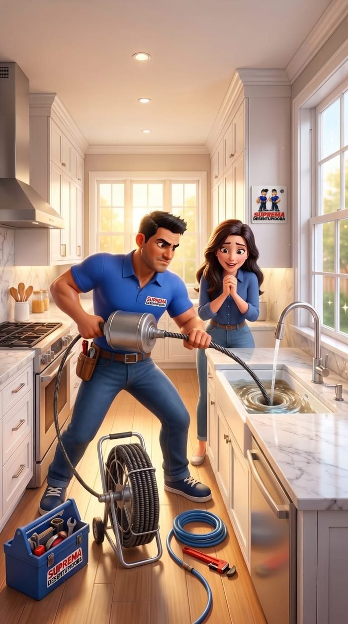 Ilustração do técnico desentupindo a pia da cozinha com roto rooter